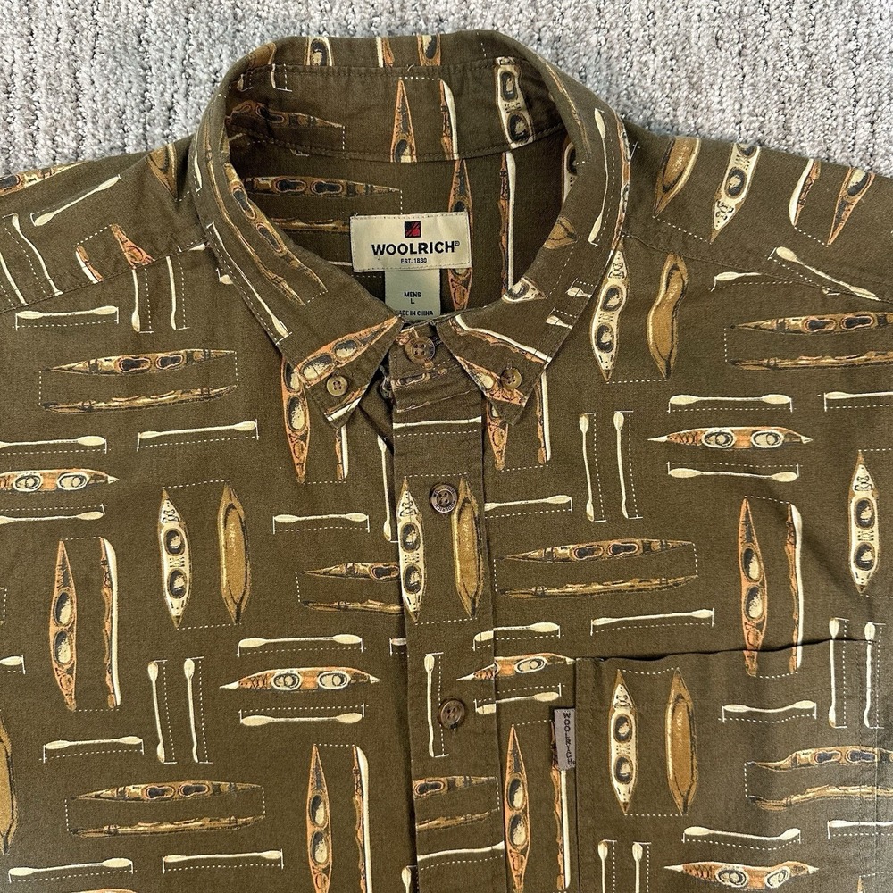 Woolrich Shirt Mens Large Kayak AOP Button-Down Short Sleeves Outdoor Beach Lake